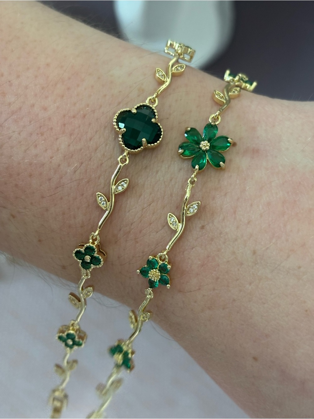 Gold Floral Vine Bracelets with Green Flower Gem Accents - Women Jewelry